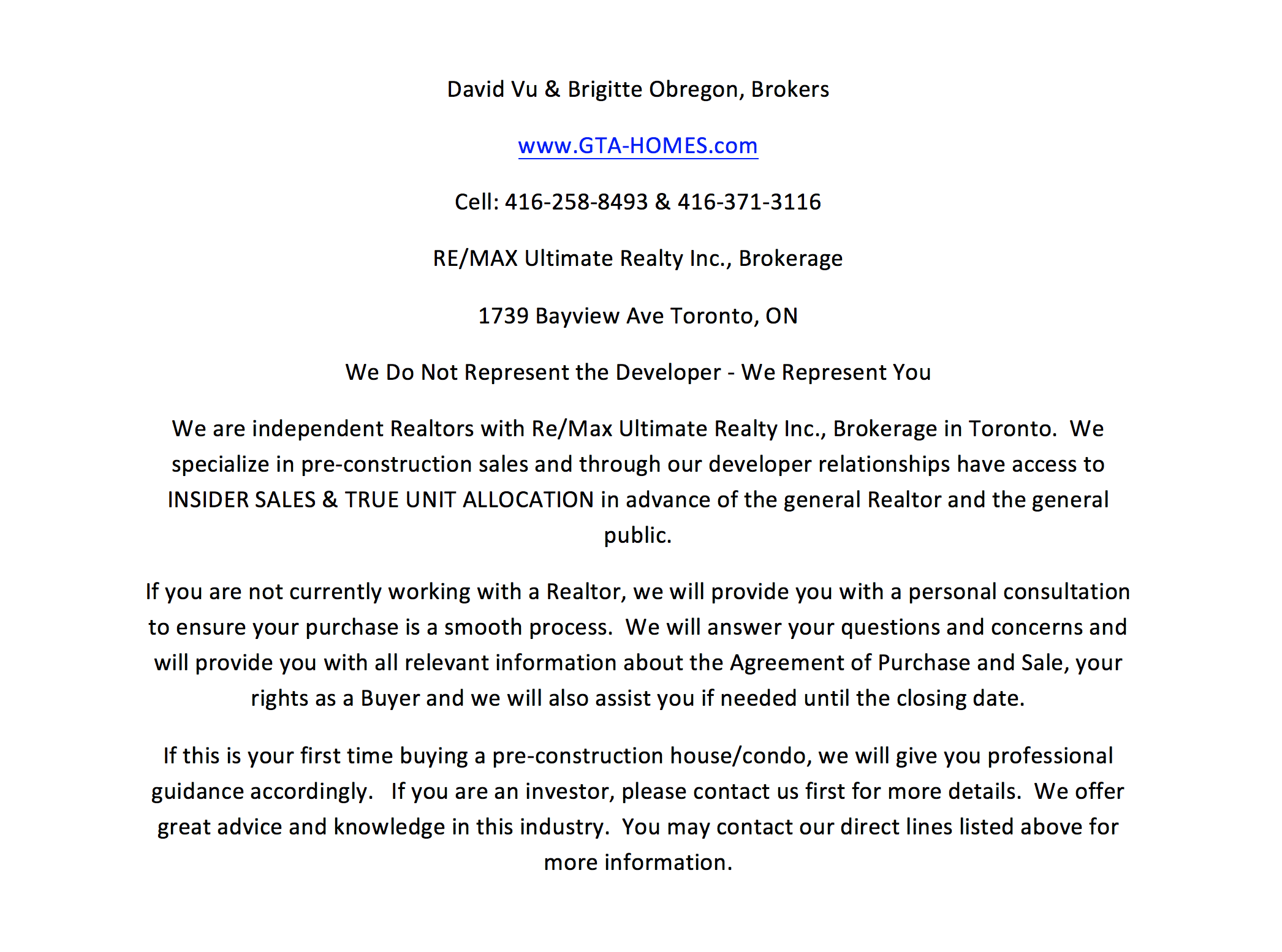 New Condo Sales Agents Contact Info